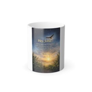 personalized color changing mug — custom name john with john 3:16 sunrise prayer design