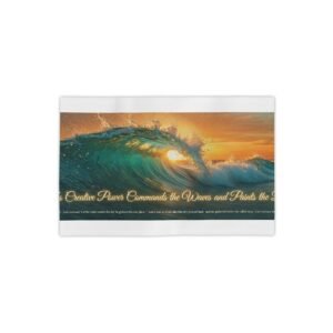 ocean wave beach towel — inspirational sunset surf design with bible inspired text: "god’s creative power commands the waves and paints the dawn"