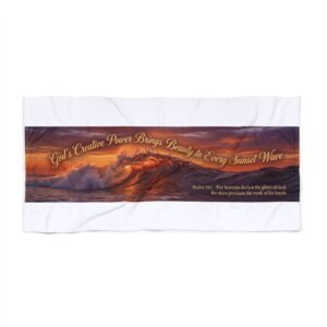 god's creative power beach towel — sunset wave psalm 19 inspirational beach towel