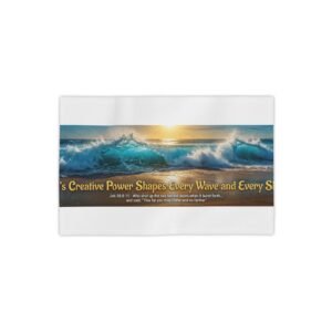 beach towel — inspirational ocean wave design with scripture inspired quote:"god’s creative power shapes every wave and every shore"