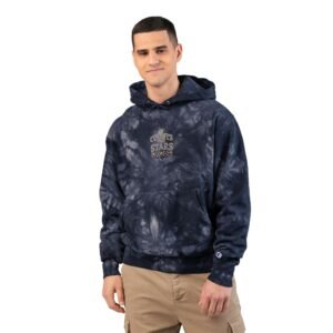 tie dye embroidered hoodie — "he counts the stars" black marble champion style