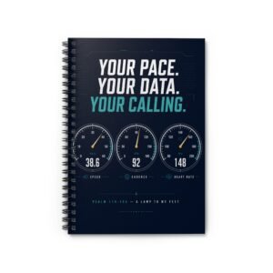 christian notebook — "your pace. your data. your calling." psalm 119:105. running log spiral notebook