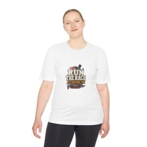 run the race christian athletic tee — "run the race, get before you" moisture wicking shirt
